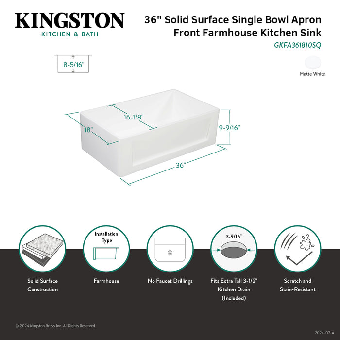 Kingston Arcticstone GKFA361810SQ 36-Inch Solid Surface White Stone Apron-Front Single Bowl Farmhouse Kitchen Sink with Strainer, Matte White