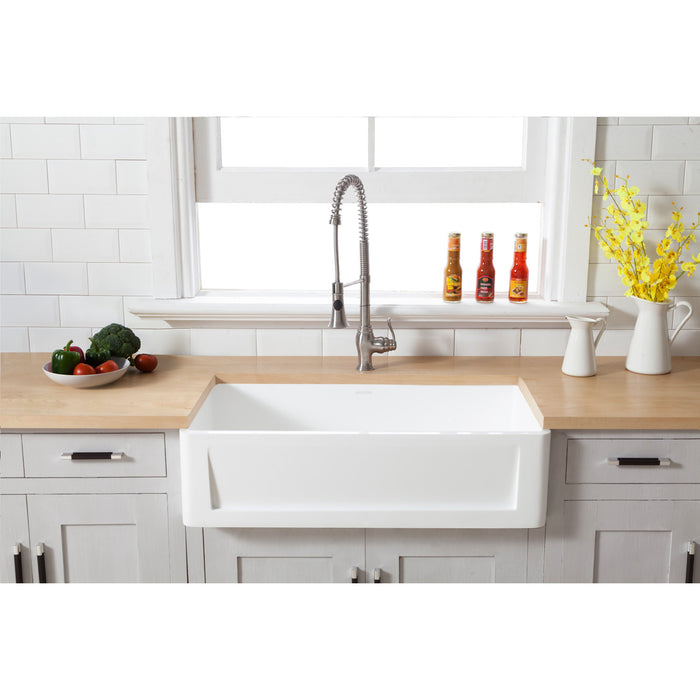 Kingston Arcticstone GKFA361810SQ 36-Inch Solid Surface White Stone Apron-Front Single Bowl Farmhouse Kitchen Sink with Strainer, Matte White