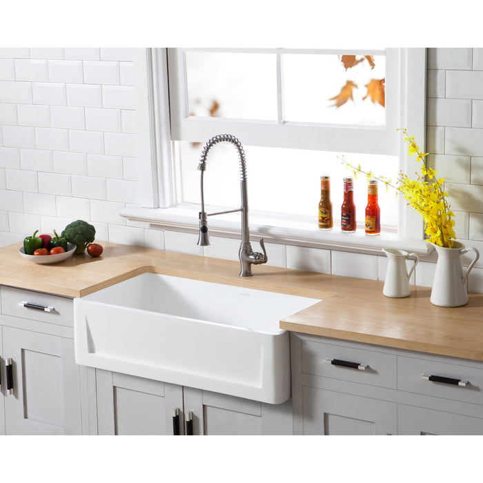 Kingston Arcticstone GKFA361810SQ 36-Inch Solid Surface White Stone Apron-Front Single Bowl Farmhouse Kitchen Sink with Strainer, Matte White