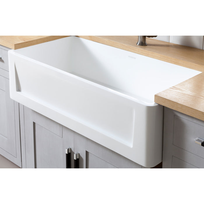 Kingston Arcticstone GKFA361810SQ 36-Inch Solid Surface White Stone Apron-Front Single Bowl Farmhouse Kitchen Sink with Strainer, Matte White