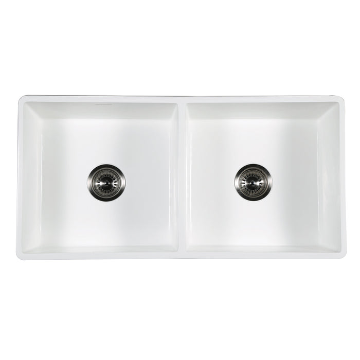 Kingston Arcticstone GKFA361810SQD 36-Inch Solid Surface White Stone Apron-Front Double Bowl Farmhouse Kitchen Sink with Strainers x 2, Matte White