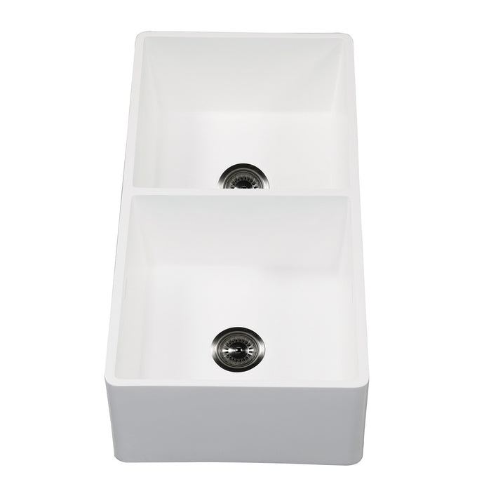 Kingston Arcticstone GKFA361810SQD 36-Inch Solid Surface White Stone Apron-Front Double Bowl Farmhouse Kitchen Sink with Strainers x 2, Matte White