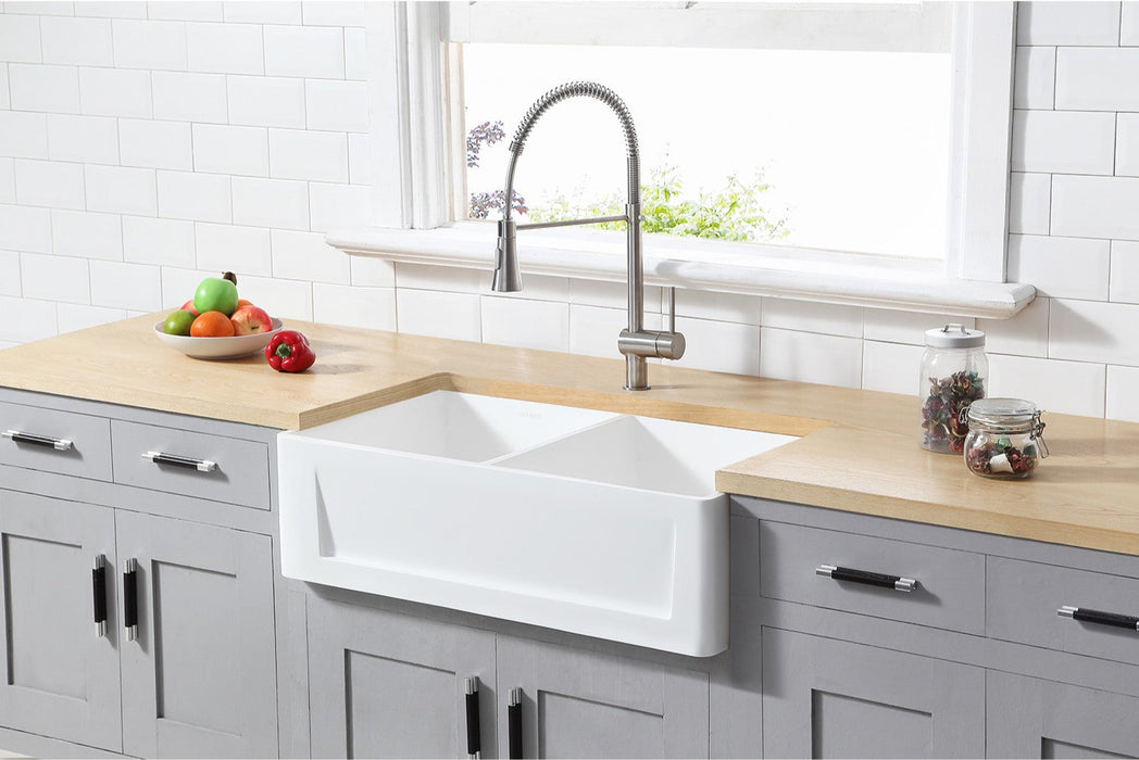 Arcticstone GKFA361810SQD 36-Inch Solid Surface White Stone Apron-Front Double Bowl Farmhouse Kitchen Sink with Strainers x 2, Matte White