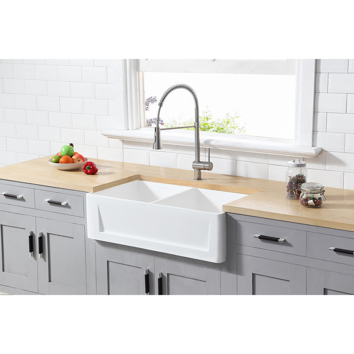 Kingston Arcticstone GKFA361810SQD 36-Inch Solid Surface White Stone Apron-Front Double Bowl Farmhouse Kitchen Sink with Strainers x 2, Matte White