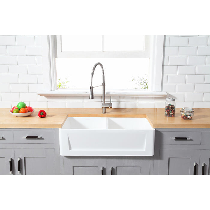 Kingston Arcticstone GKFA361810SQD 36-Inch Solid Surface White Stone Apron-Front Double Bowl Farmhouse Kitchen Sink with Strainers x 2, Matte White