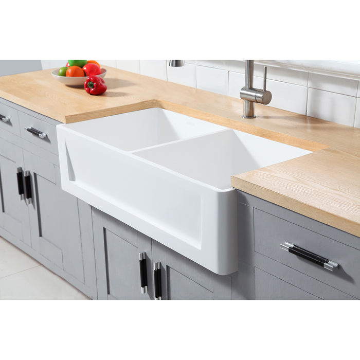 Arcticstone GKFA361810SQD 36-Inch Solid Surface White Stone Apron-Front Double Bowl Farmhouse Kitchen Sink with Strainers x 2, Matte White