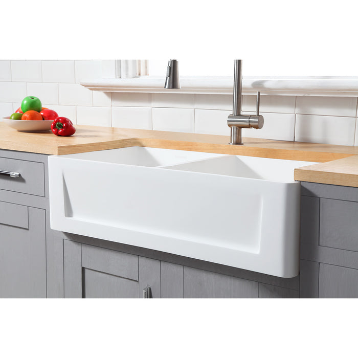 Arcticstone GKFA361810SQD 36-Inch Solid Surface White Stone Apron-Front Double Bowl Farmhouse Kitchen Sink with Strainers x 2, Matte White