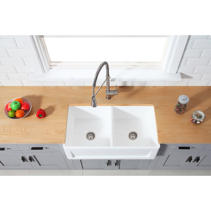Arcticstone GKFA361810SQD 36-Inch Solid Surface White Stone Apron-Front Double Bowl Farmhouse Kitchen Sink with Strainers x 2, Matte White