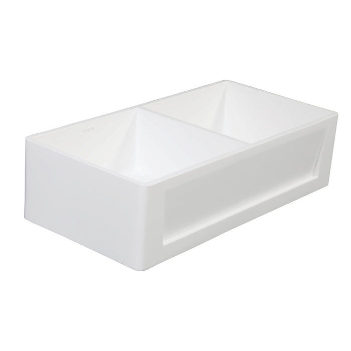 Kingston Arcticstone GKFA361810SQD 36-Inch Solid Surface White Stone Apron-Front Double Bowl Farmhouse Kitchen Sink with Strainers x 2, Matte White
