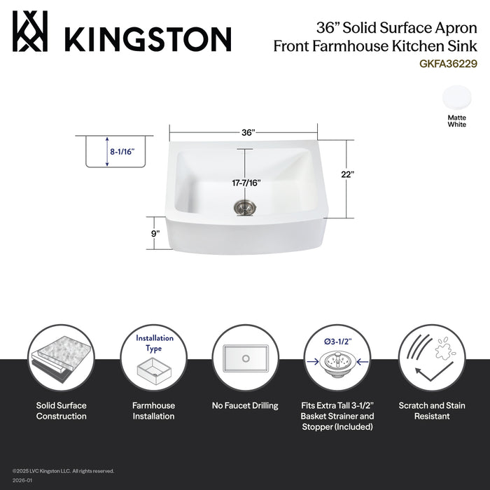 Kingston Tulare GKFA36229 - Arcticstone 36-Inch Solid Surface White Stone Apron-Front Single Bowl Farmhouse Kitchen Sink with Strainer, Matte White