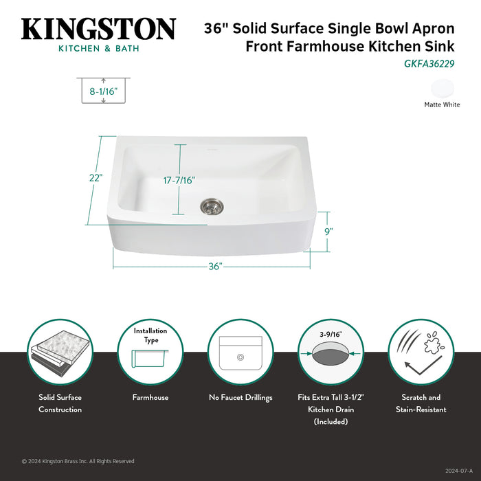Arcticstone GKFA36229 36-Inch Solid Surface White Stone Apron-Front Single Bowl Farmhouse Kitchen Sink with Strainer, Matte White