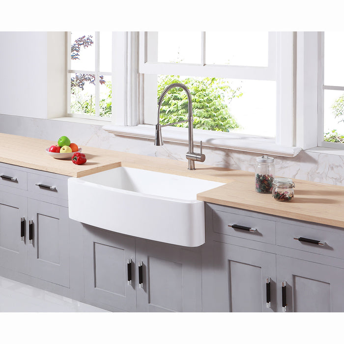 Kingston Tulare GKFA36229 - Arcticstone 36-Inch Solid Surface White Stone Apron-Front Single Bowl Farmhouse Kitchen Sink with Strainer, Matte White