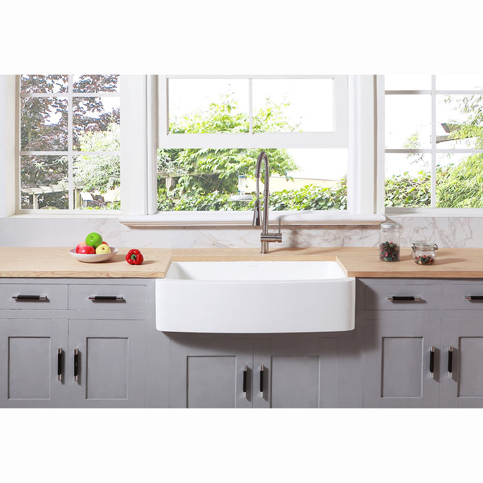 Kingston Tulare GKFA36229 - Arcticstone 36-Inch Solid Surface White Stone Apron-Front Single Bowl Farmhouse Kitchen Sink with Strainer, Matte White