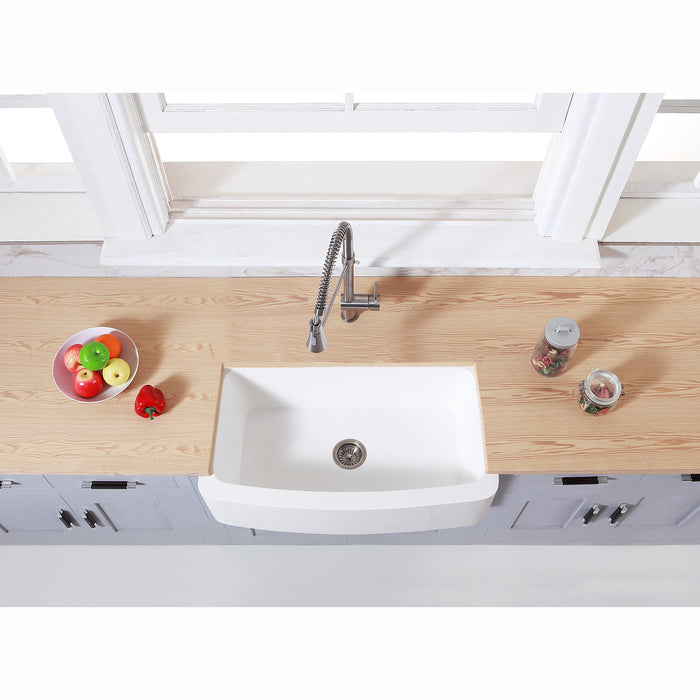 Kingston Tulare GKFA36229 - Arcticstone 36-Inch Solid Surface White Stone Apron-Front Single Bowl Farmhouse Kitchen Sink with Strainer, Matte White