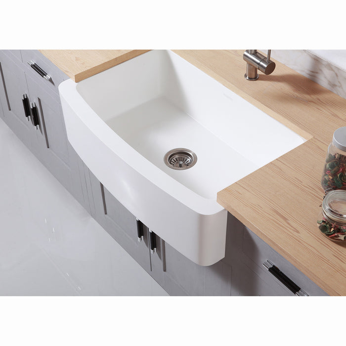Kingston Tulare GKFA36229 - Arcticstone 36-Inch Solid Surface White Stone Apron-Front Single Bowl Farmhouse Kitchen Sink with Strainer, Matte White