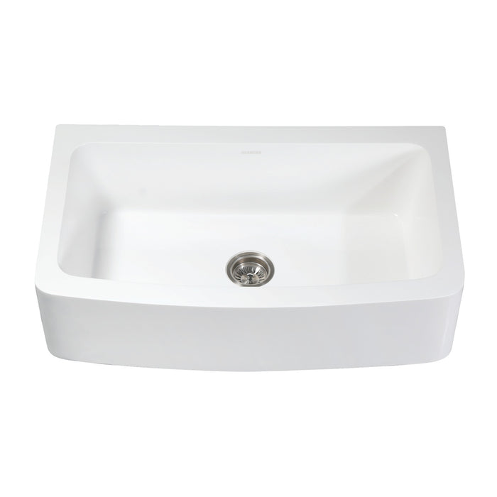 Kingston Tulare GKFA36229 - Arcticstone 36-Inch Solid Surface White Stone Apron-Front Single Bowl Farmhouse Kitchen Sink with Strainer, Matte White