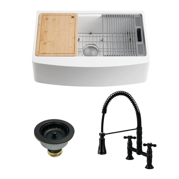 Miranda 30-Inch Single Bowl Farmhouse Kitchen Sink with 6-Piece Kitchen Accessory Set with Deck-Mount Bridge Kitchen Faucet and Basket Strainer, Matte Black