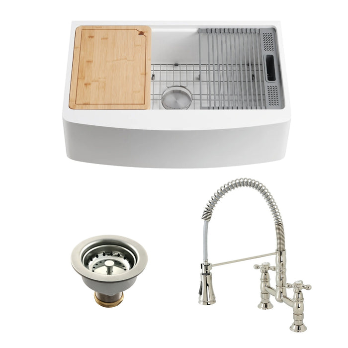 Miranda 30-Inch Single Bowl Farmhouse Kitchen Sink with 6-Piece Kitchen Accessory Set with Deck-Mount Bridge Kitchen Faucet and Basket Strainer, Polished Nickel