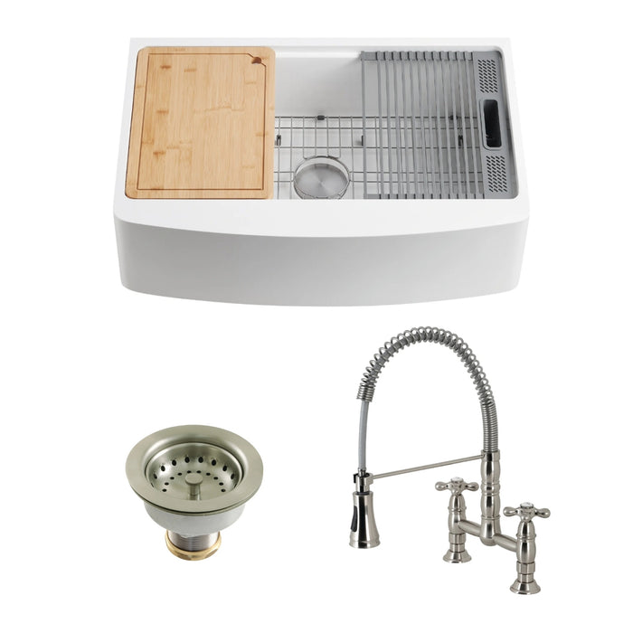 Miranda 30-Inch Single Bowl Farmhouse Kitchen Sink with 6-Piece Kitchen Accessory Set with Deck-Mount Bridge Kitchen Faucet and Basket Strainer, Brushed Nickel