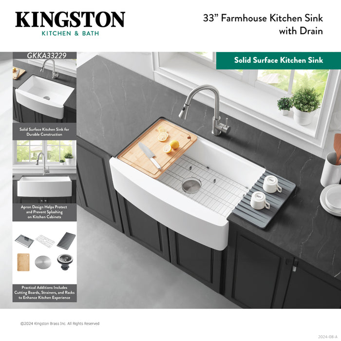 Kingston Sona GKKA33229 - Miranda 33-Inch Solid Surface White Stone Apron-Front Single Bowl Farmhouse Kitchen Sink with 6-Piece Kitchen Accessory Set, Glossy White