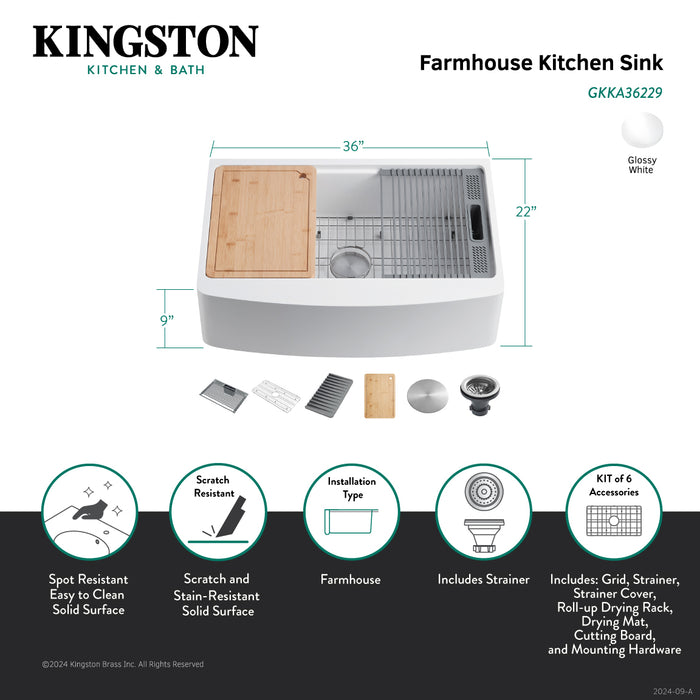 Miranda GKKA36229 36-Inch Solid Surface White Stone Apron-Front Single Bowl Farmhouse Kitchen Sink with 6-Piece Kitchen Accessory Set, Glossy White
