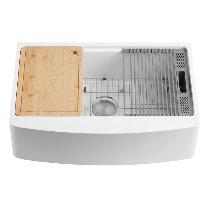 Miranda GKKA36229 36-Inch Solid Surface White Stone Apron-Front Single Bowl Farmhouse Kitchen Sink with 6-Piece Kitchen Accessory Set, Glossy White