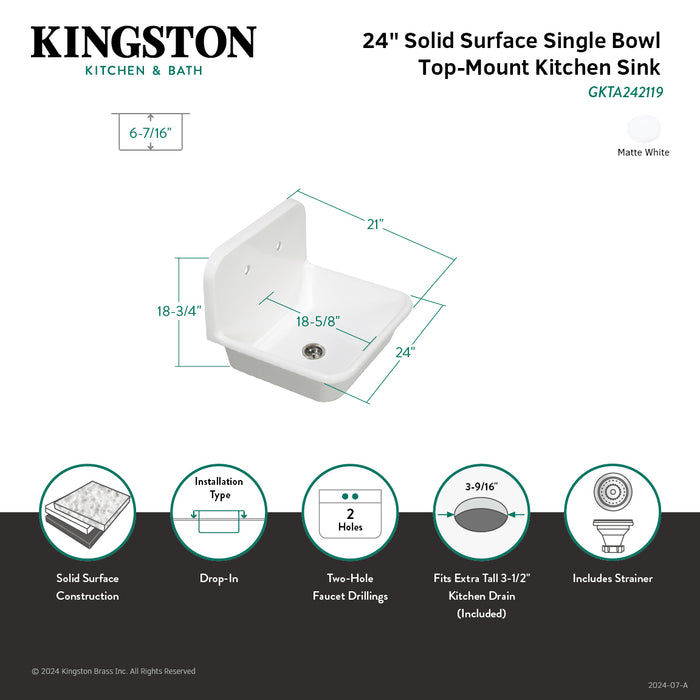 Kingston Heirloom GKTA242119 - Arcticstone 24-Inch Solid Surface White Stone Single Bowl Top-Mount Kitchen Sink with Backsplash and Strainer, Matte White