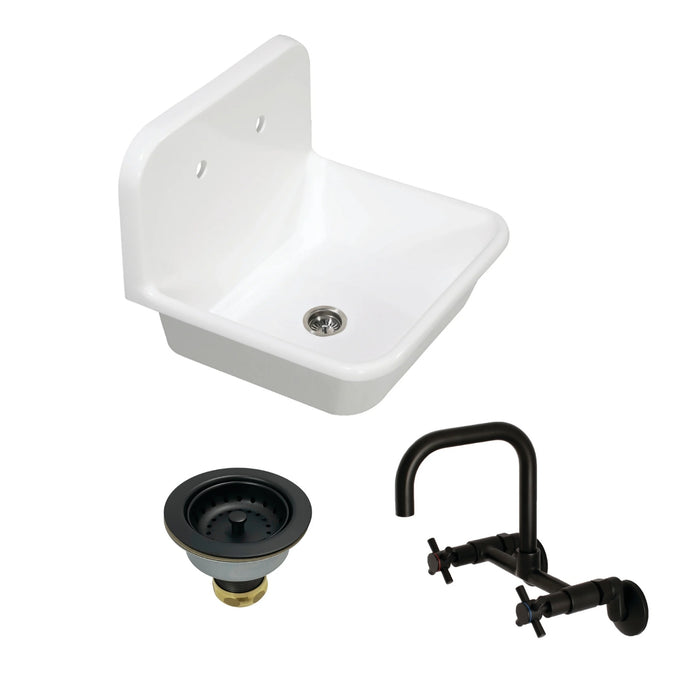 Arcticstone 24-Inch White Stone Single Bowl Top-Mount Kitchen Sink with Wall-Mount Bridge Kitchen Faucet and Basket Strainer, Matte Black