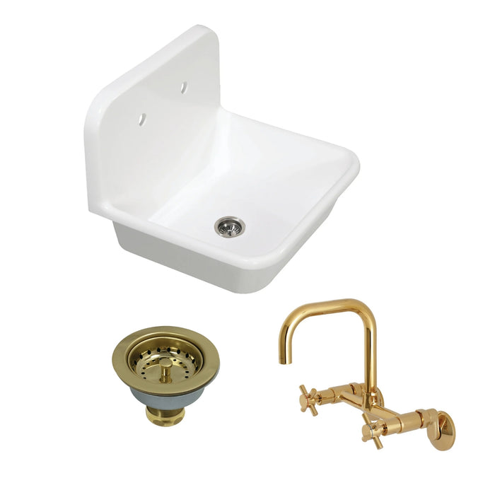 Arcticstone 24-Inch White Stone Single Bowl Top-Mount Kitchen Sink with Wall-Mount Bridge Kitchen Faucet and Basket Strainer, Polished Brass