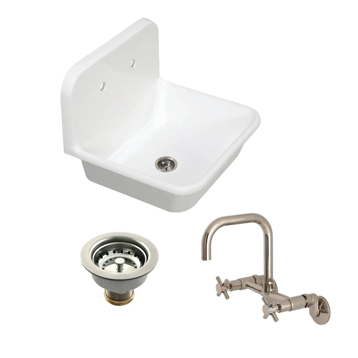 Arcticstone 24-Inch White Stone Single Bowl Top-Mount Kitchen Sink with Wall-Mount Bridge Kitchen Faucet and Basket Strainer, Polished Nickel
