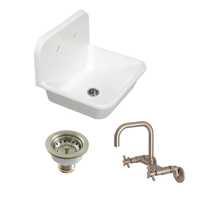 Arcticstone 24-Inch White Stone Single Bowl Top-Mount Kitchen Sink with Wall-Mount Bridge Kitchen Faucet and Basket Strainer, Brushed Nickel