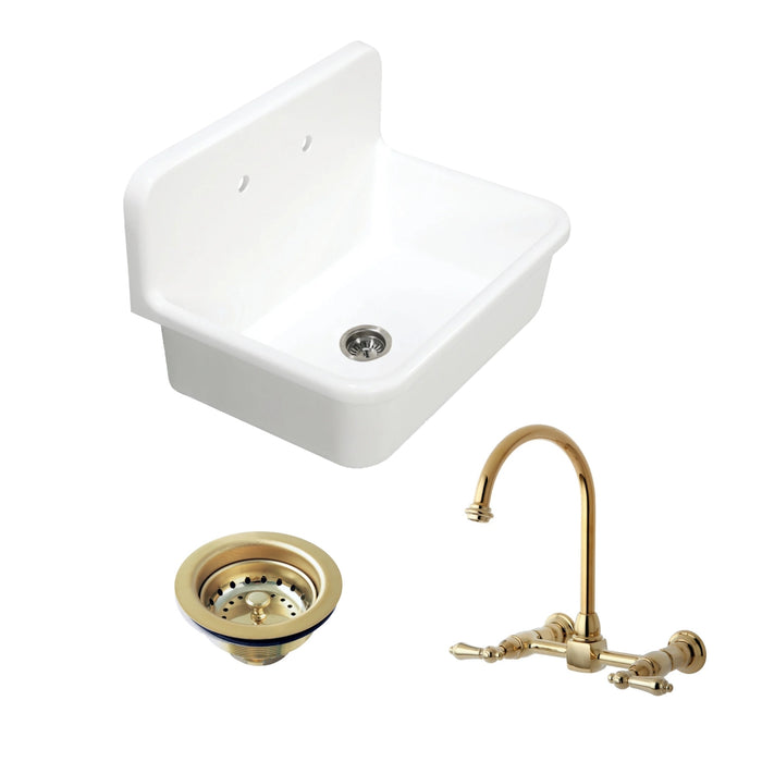 Arcticstone 30-Inch White Stone Single Bowl Top-Mount Kitchen Sink with Wall-Mount Bridge Kitchen Faucet and Basket Strainer, Polished Brass