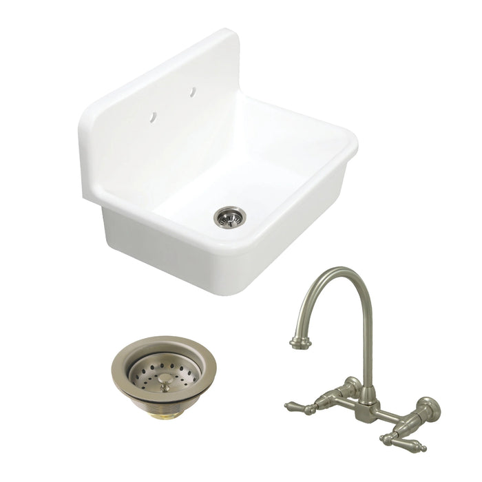 Arcticstone 30-Inch White Stone Single Bowl Top-Mount Kitchen Sink with Wall-Mount Bridge Kitchen Faucet and Basket Strainer, Brushed Nickel