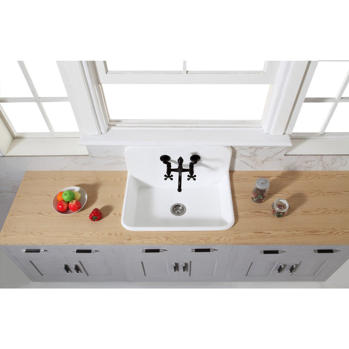 Arcticstone 30-Inch White Stone Single Bowl Top-Mount Kitchen Sink with Wall-Mount Bridge Kitchen Faucet and Basket Strainer, Brushed Nickel