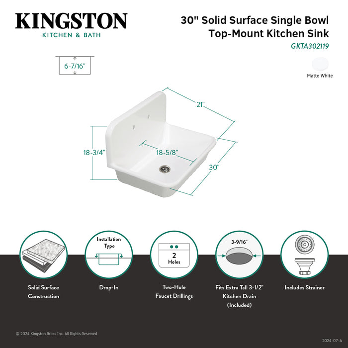 Arcticstone GKTA302119 30-Inch Solid Surface White Stone Single Bowl Top-Mount Kitchen Sink with Backsplash and Strainer, Matte White