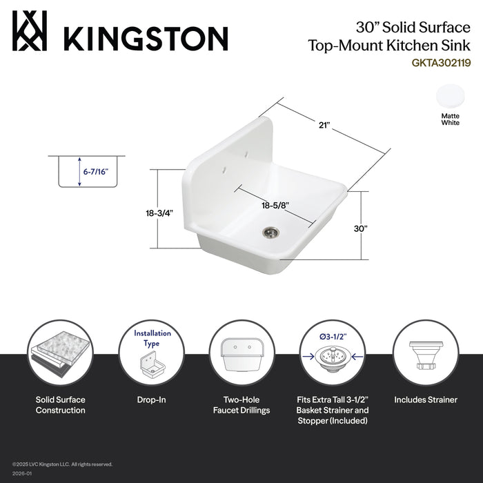Kingston Heirloom GKTA302119 - Arcticstone 30-Inch Solid Surface White Stone Single Bowl Top-Mount Kitchen Sink with Backsplash and Strainer, Matte White