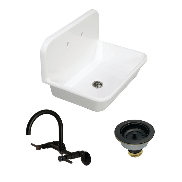 Arcticstone 30-Inch White Stone Single Bowl Top-Mount Kitchen Sink with Wall-Mount Bridge Kitchen Faucet and Basket Strainer, Matte Black