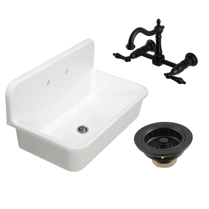 Arcticstone 36-Inch White Stone Single Bowl Top-Mount Kitchen Sink with Wall-Mount Bridge Kitchen Faucet and Basket Strainer, Matte Black
