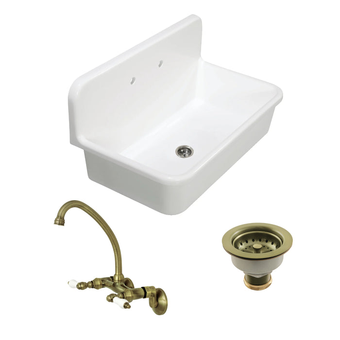 Arcticstone 36-Inch White Stone Single Bowl Top-Mount Kitchen Sink with Wall-Mount Bridge Kitchen Faucet and Basket Strainer, Antique Brass