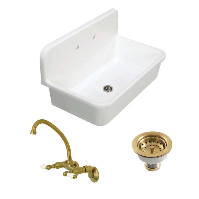 Arcticstone 36-Inch White Stone Single Bowl Top-Mount Kitchen Sink with Wall-Mount Bridge Kitchen Faucet and Basket Strainer, Brushed Brass