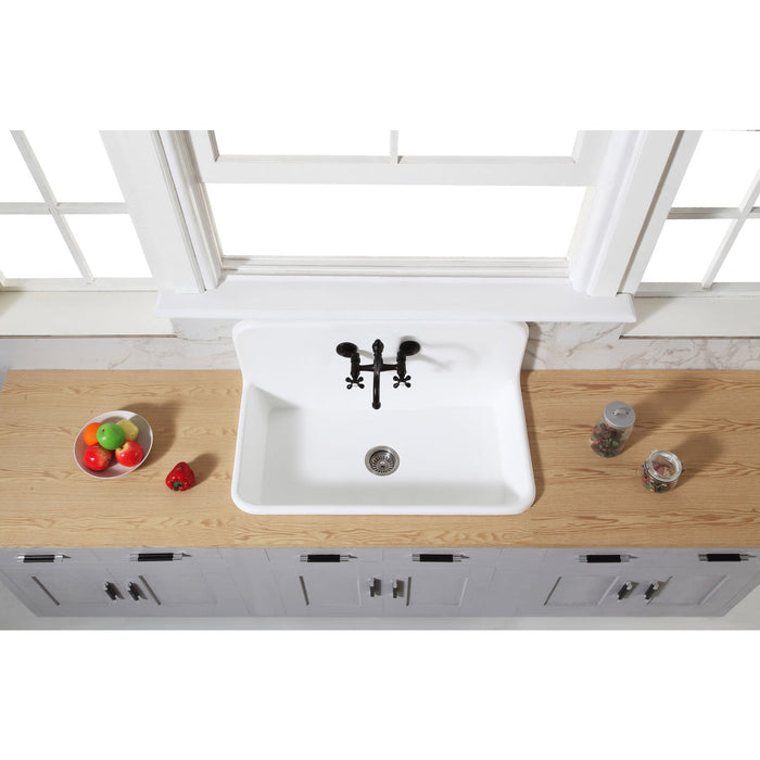 Arcticstone 36-Inch White Stone Single Bowl Top-Mount Kitchen Sink with Wall-Mount Bridge Kitchen Faucet and Basket Strainer, Brushed Brass