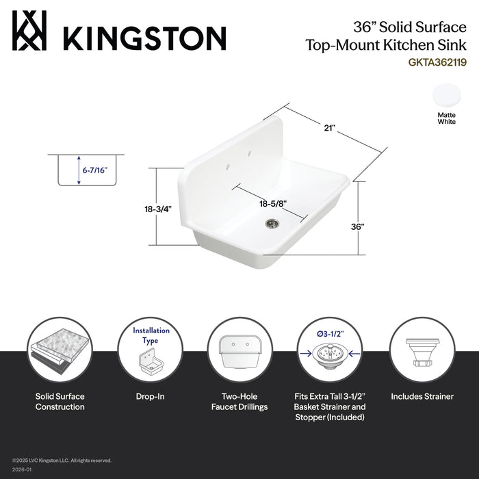 Kingston Heirloom GKTA362119 - Arcticstone 36-Inch Solid Surface White Stone Single Bowl Top-Mount Kitchen Sink with Backsplash and Strainer, Matte White