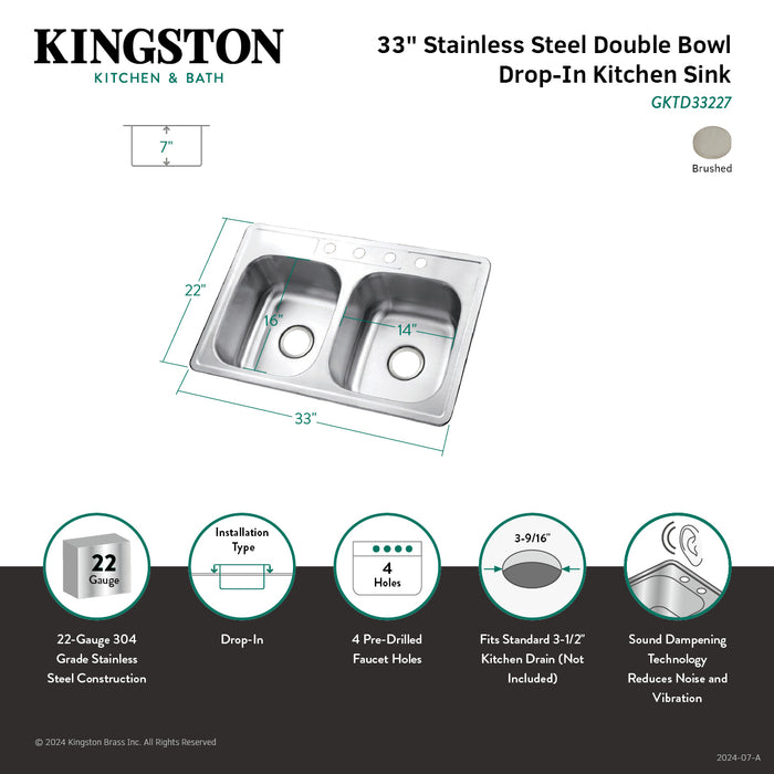 Kingston Studio GKTD33227 33-Inch Stainless Steel Self-Rimming Double Bowl Drop-In Kitchen Sink, Brushed Stainless Steel