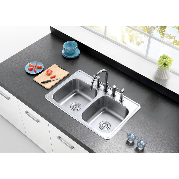 Kingston Studio GKTD33227 33-Inch Stainless Steel Self-Rimming Double Bowl Drop-In Kitchen Sink, Brushed Stainless Steel