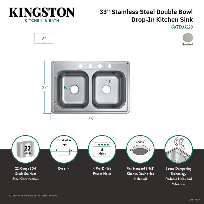 Studio GKTD33228 33-Inch Stainless Steel Self-Rimming Double Bowl Drop-In Kitchen Sink, Brushed