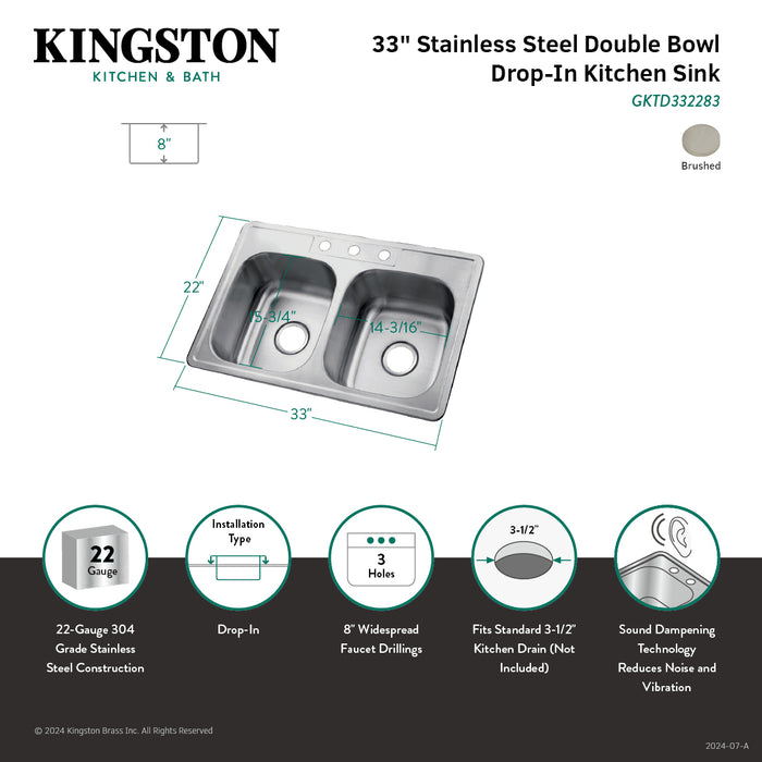 Studio GKTD332283 33-Inch Stainless Steel Self-Rimming Double Bowl Drop-In Kitchen Sink, Brushed