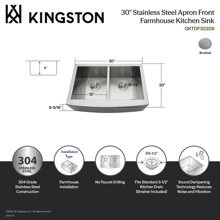 Kingston Sona GKTDF30209 - Uptowne 30-Inch Stainless Steel Apron-Front Double Bowl Farmhouse Kitchen Sink with Strainers x 2, Brushed Stainless Steel