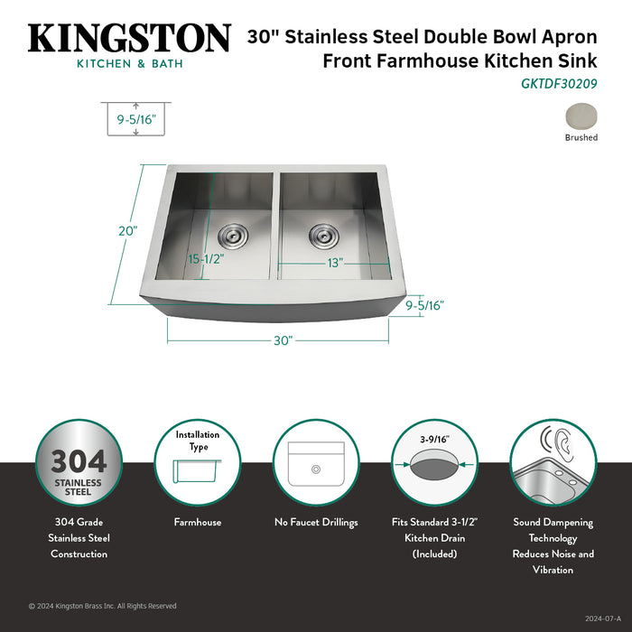 Uptowne GKTDF30209 30-Inch Stainless Steel Apron-Front Double Bowl Farmhouse Kitchen Sink with Strainers x 2, Brushed