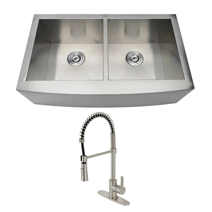 Uptowne 33-Inch Stainless Steel Double Bowl Farmhouse Kitchen Sink with Deck Mount Pre-Rinse Kitchen Faucet and Basket Strainer, Brushed Nickel