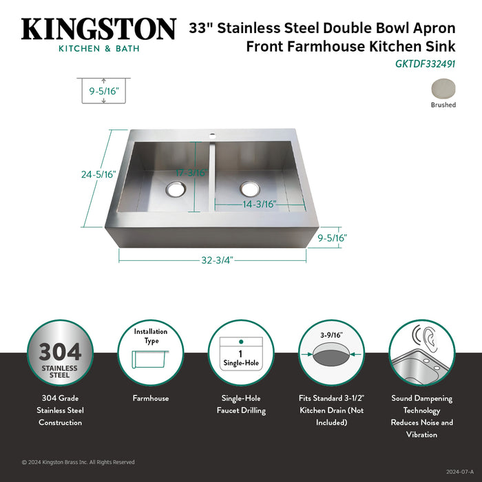 Kingston Sona GKTDF332491 - Edinburg 33-Inch Stainless Steel Apron-Front Double Bowl Farmhouse Kitchen Sink, Brushed